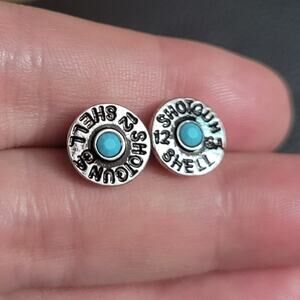 Shotgun shell shaped synthetic turquoise silver tone stud earrings
